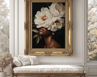 Black Girl Floral Crown Art Print: Peonies, Pearls, Afro Culture (Digital Download)