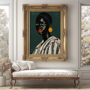 Modern Afro Wall Decor Stylish Black Woman Digital Art Bold Expression Melanin Glow African Culture Aesthetic Green Backdrop Printable Decor