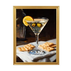 Szklanka do martini z oliwkami, plasterkiem cytryny i krakersami, plakat, elegancka dekoracja baru, sztuka ścienna w stylu vintage, wydruk koktajlowy, martini i przekąska