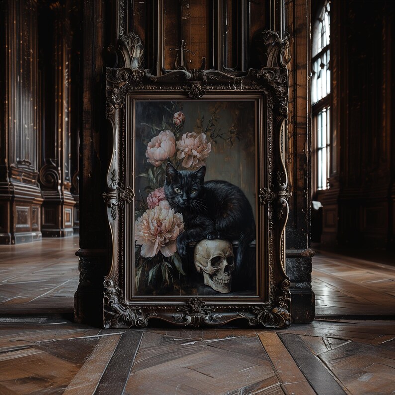 May include: A framed painting of a black cat sitting on a skull with pink flowers in the background. The painting is in a dark, ornate frame.