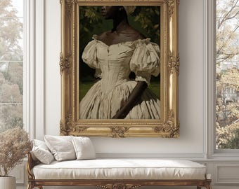 May include: A framed artwork featuring a person in a cream-colored dress with puffed sleeves. The portrait is set against a green backdrop and framed in an ornate gold frame. The artwork hangs above a white bench with carved wooden details.