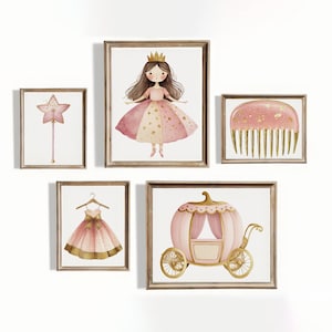 Princess Theme Nursery Wall Art Set Pink Fairy Tale Digital Print Girl Room Decor Baby Girl Printable Artwork, Princess Dress Crown Carriage