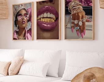 Black Woman Set of 3 Digital Wall Art Black Girl Poster Modern Fashion Illustration Urban Black Culture Prints Luxury Lifestyle Bold Artwork