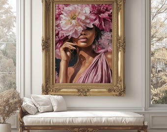 Afro Woman Pink Flowers Digital Prints Portrait Black Beauty Gold Hoop Earring Melanin Skin Floral Hair Soft Tone Feminine Modern Wall Art