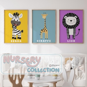 Lot de 3 impressions pour chambre d'enfant Safari, décoration de chambre d'enfant, décoration murale jungle de bébé, oeuvre d'art pour chambre d'enfant animaux de la forêt, impression numérique, oeuvre d'art murale pour chambre de bébé