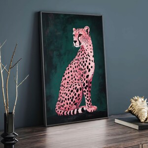 May include: A pink cheetah with black spots sits on a dark green background. The cheetah is facing to the left and looking to the right. The cheetah's tail is curled around its body.