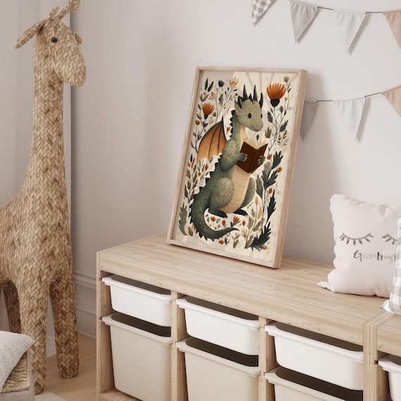 Dragon Reading Book Print: Vintage Fantasy Nursery Art, Storybook Cottagecore Decor