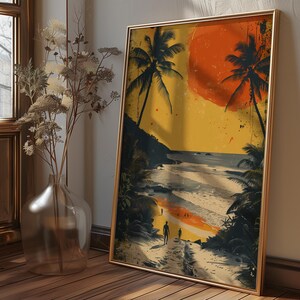 Retro Sonnenuntergang Meer und Wellen druckbare digitale Wandkunst, Sonnenuntergang-natürlichen Stranddekor, ruhiges Strandlandschaftsplakat, Sonnenuntergangsansicht-Kunstwerk