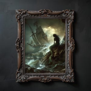 Mystical Mermaid Poster, Impressive Mermaid Wall Art, Gothic Mermaid Digital Decor, Sailing Ship and Mermaid Home Decor, Moody Gothic Sea