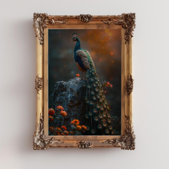 孔雀のプリント可能な壁アート、ヴィンテージのカラフルな孔雀の絵画  