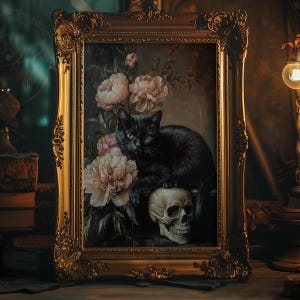 May include: A black cat sits on a skull with a bouquet of pink and white flowers in a gold ornate frame.