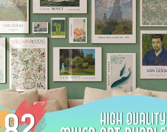 May include: A collection of 82 high-quality art prints featuring famous artists like Claude Monet, Vincent Van Gogh, and William Morris. The prints are displayed on a wall in a living room setting with a couch and pillows.