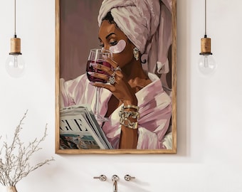 Stylish Black Woman Bathroom Wall Art Pink Towel Golden Shades Wine Glass Modern Fashionable Glamour Chic Illustration Home Decor Artwork