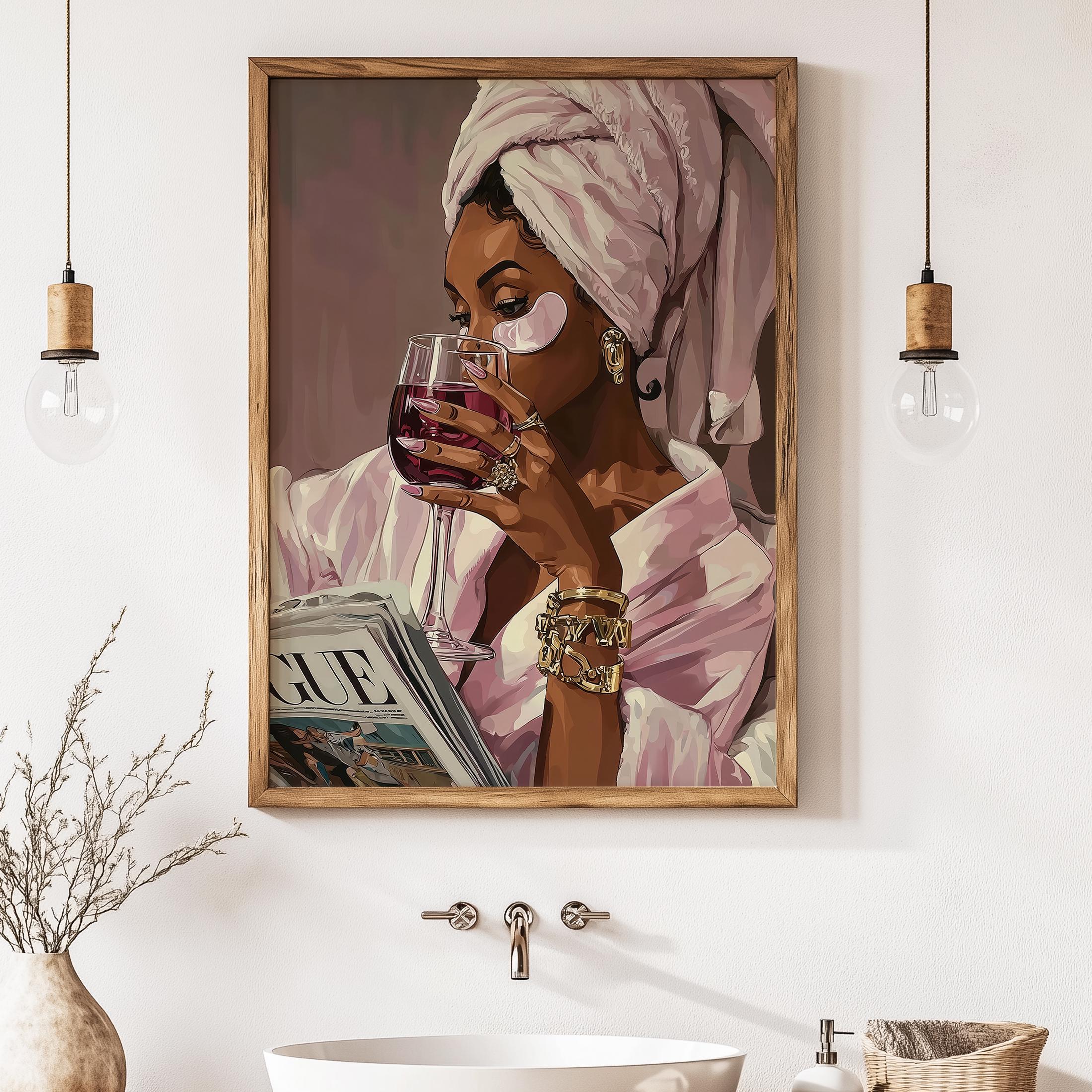 Stampa Su Tela Afroamericana Ragazza Nera - Quadro Moderno Grigio E Rosa Per Arredo Bagno E Soggiorno