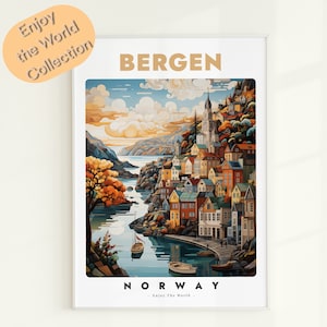 Póster de Bergen, impresión de arte mural de Bergen, póster de viaje de Noruega, póster de arte mural de Noruega, regalo de viaje de Bergen, arte mural imprimible, decoración de Noruega