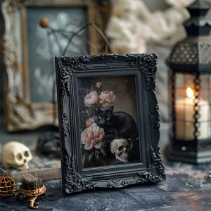 May include: A black cat sits on a skull with a bouquet of pink peonies in the background. The image is framed in a black ornate frame.