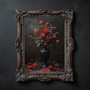 Roses with Fallen Leaves, Dark Cottagecore Artwork, Gothic Rose Print, Dark Floral Wall Poster, Moody Rose Wall Art, Vintage Red Rose Art