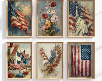 Vintage Patriotische Wand Kunst Drucke: Amerikanische Flagge, Adler, Freiheit (6er Set zum digitalen Download)