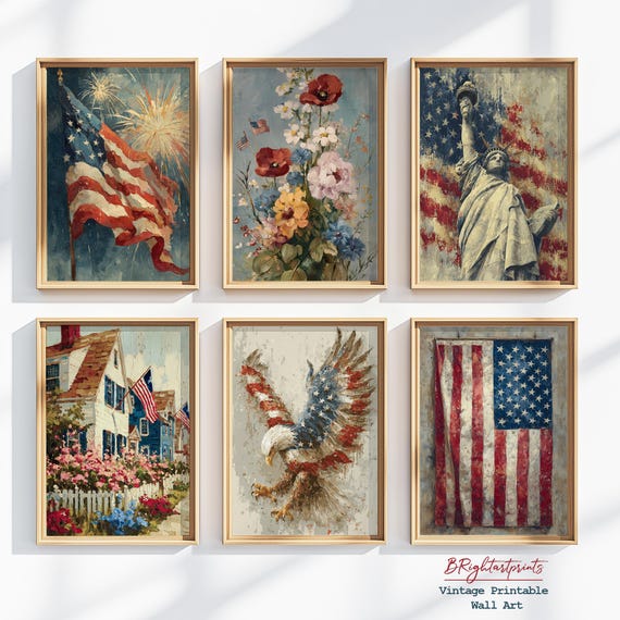 Vintage Patriotic Wall Art Prints: American Flag, Eagle, Liberty (Digital Download Set of 6)