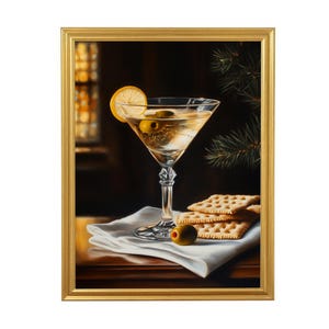 Martini z cytryną i oliwkami, wydrukowana dekoracja ścienna do baru dla miłośników drinków, wydruk artystyczny na przyjęcie koktajlowe, zabytkowa szklanka do martini ze przekąskami