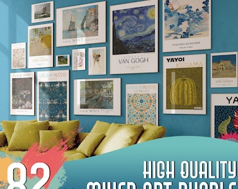 May include: A collection of 82 high-quality mixed art prints featuring famous artists like Van Gogh, Monet, and Yayoi Kusama. The prints are displayed on a blue wall in a living room setting.