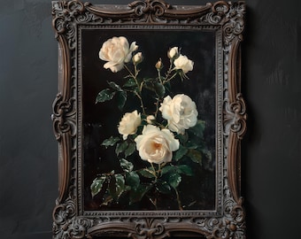 Gothic White Rose Print: Dark Cottagecore Floral Wall Art (Digital Download)