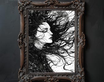Whimsical Woman Sketch Art Print: Gothic Fantasy Home Decor (Digital Download)