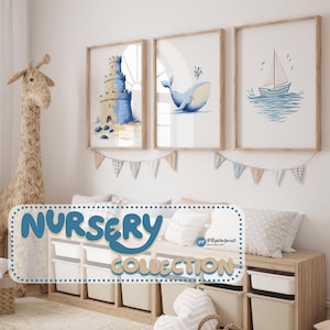 Nautical Nursery Wall Art Set Printable Ocean Theme Baby Room Decor Coastal Digital Whale Sailboat Sandcastle Print for Beach Kid Bedroom