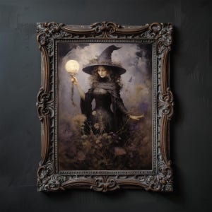 Beautiful Sorceress Prints, Dark Fantasy Witch Poster, Witchy Gothic Wall Art, Moody Sorceress Digital Decor, Vintage Witch Wand and Hat