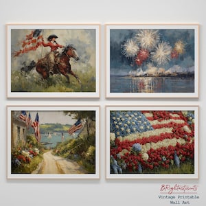 Vintage Western Americana väggkonstset, cowgirl med flagga och fyrverkerier
