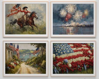 Vintage Western Americana Wall Art Set, Cowgirl with Flag and Fireworks Prints