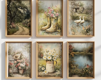 6 Piece Farmhouse Floral Digital Download Set Rustic Kitchen Wall Art