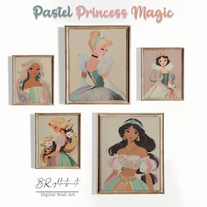 Elegant Princess Inspired Pastel Wall Art Set, Whimsical Royal Portrait Printable, Girl&#39;s Room Decor, Fairytale Digital Nursery Prints