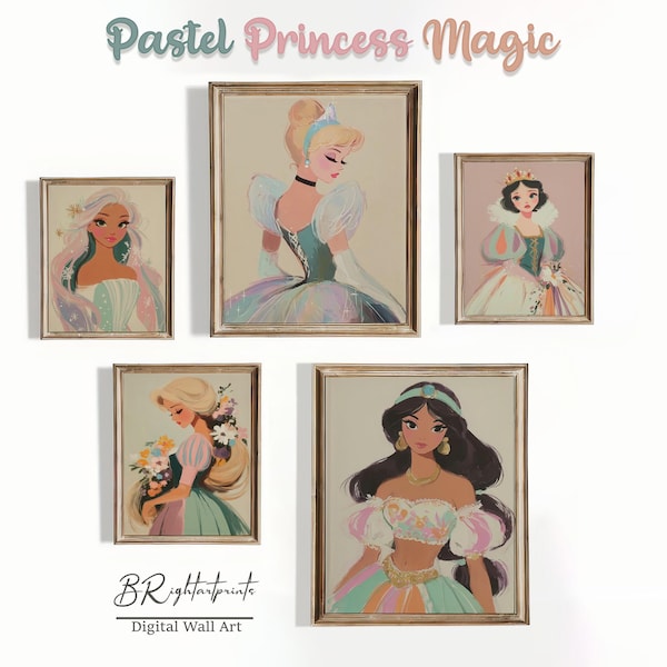 Pastel Princess Portrait Art Prints, Whimsical Girl's Room Decor (Digital Nursery Prints)