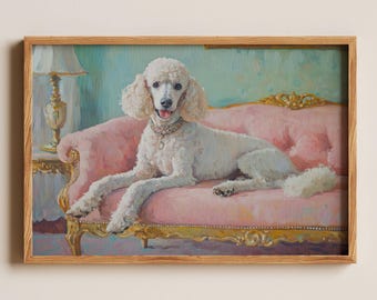 White Poodle Portrait: Chic Dog Art Print on Pink Couch (Digital Download)