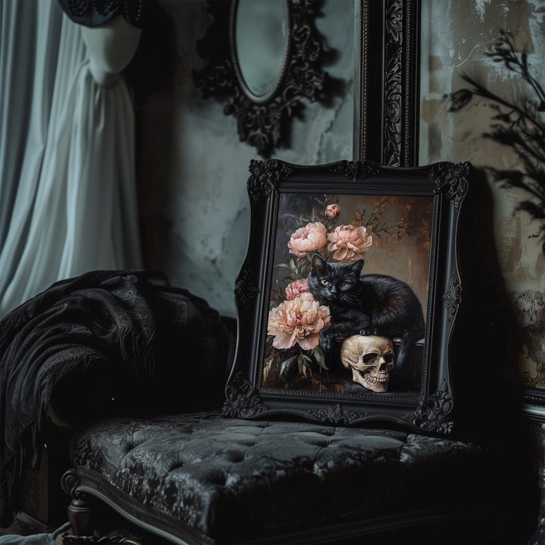 May include: A black cat sits on a skull with pink flowers in a dark, ornate frame. The painting is set against a dark background with a black velvet couch.
