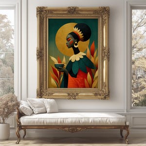Powerful Afro Woman Print Vibrant Illustration Cultural Pride Royal Expression Sun Silhouette Queen Energy Tribal Tones Digital Wall Artwork