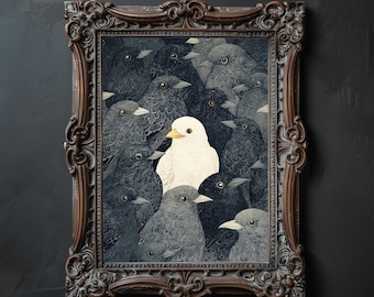 White Pigeon Among Black Birds Printable Wall Art, Vintage Gothic Poster