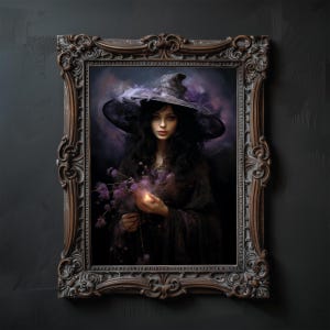 Beautiful Sorceress Poster, Dark Academia Witch Painting, Witchy Gothic Prints, Moody Sorceress Digital Wall Art, Vintage Witch Flower Art