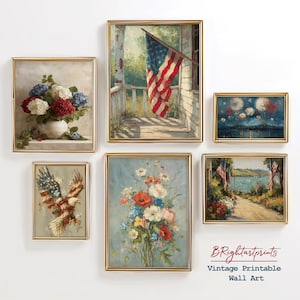 Pu&ograve; includere: Una collezione di sei stampe artistiche da parete vintage incorniciate. Le stampe presentano temi patriottici, tra cui una bandiera americana, un'aquila, composizioni floreali e fuochi d'artificio. Le cornici hanno una finitura dorata. Il testo "BRightartprints Vintage Printable Wall Art" &egrave; visibile.