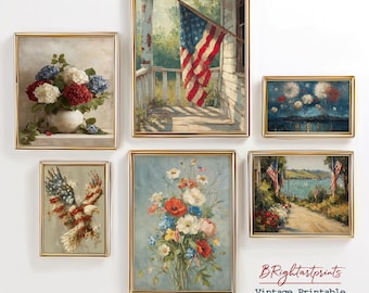 Vintage Rustic Americana Gallery Wall Set, Patriotic Porch and Floral Wall Art