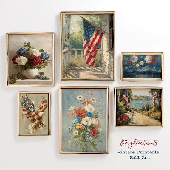 Vintage Rustic Americana Gallery Wall Set, Patriotic Porch and Floral Wall Art