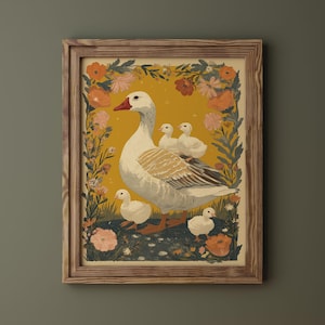 Country Goose Digital Wall Art Baby Goslings Prints, Vintage Farm Scene Printable, Floral Frame Rustic Home Decor, Farmhouse Digital Artwork