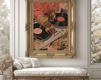 Hip Hop Black Woman DJ Wall Art Print Gold Jewelry Afrocentric Style Bold Music Lovers Gift Turntable Urban Afro DJ Printable Cultural Decor