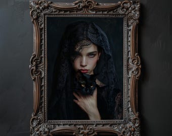 Gothic Woman with Black Cat Print: Dark Academia Wall Art (Digital Download)