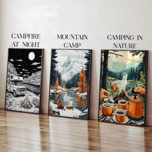 Cozy Campfire Digital Wall Art Set, Campfire in Nature Digital Print, Printable Outdoor Campfire Poster Camping Lover Gift Winter Forest Art