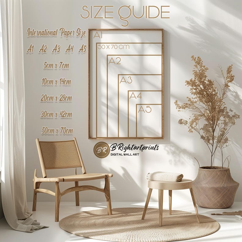 May include: A size guide for prints, showing different sizes of paper in centimeters. The sizes are A1, A2, A3, A4, and A5. The largest size is 50 cm x 70 cm. The smallest size is 5 cm x 7 cm. The guide is on a white wall with a wooden chair and a stool in front of it.
