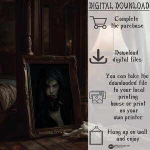 May include: Digital download of a printable image featuring a woman in a black dress and veil, holding a black cat. The image is framed in a dark wood frame and is set against a dark background.