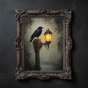 Arte mural imprimible de cuervo, póster de Dark Academia, impresión de cuervo, decoración de habitación Dark Cottage, pintura melancólica de cuervo oscuro, impresiones de pared góticas vintage