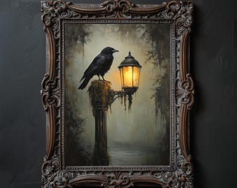 Raven and Street Lamp Gothic Art Print, Dark Academia Decor (Digital Download)